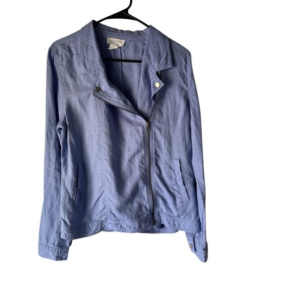 Cynthia‎ Rowley Blue Moto Jacket L 100% Linen Asymmetrical Zip Lightweight Layer - Picture 1 of 7